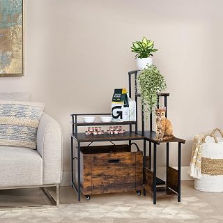 IDEALHOUSE Hidden Litter Box Furniture, Corner Wooden Cat Washroom with Flower Stand and Pullable Carrying Tray