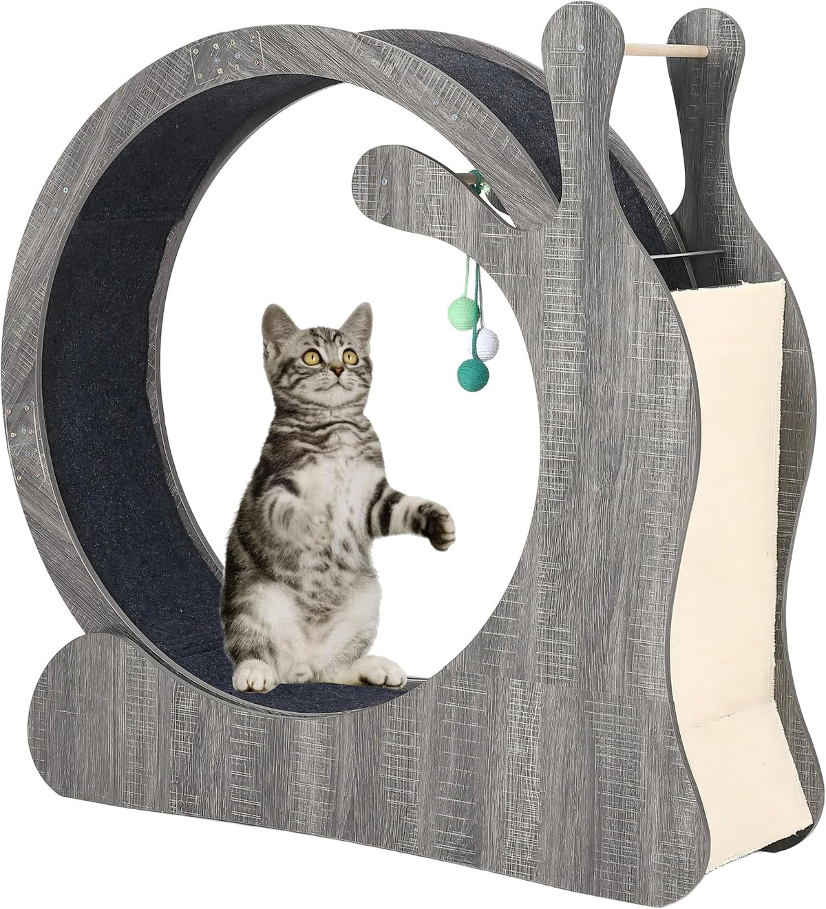 Grey 41 inch cat exercise wheel with carpeted track and scratching board