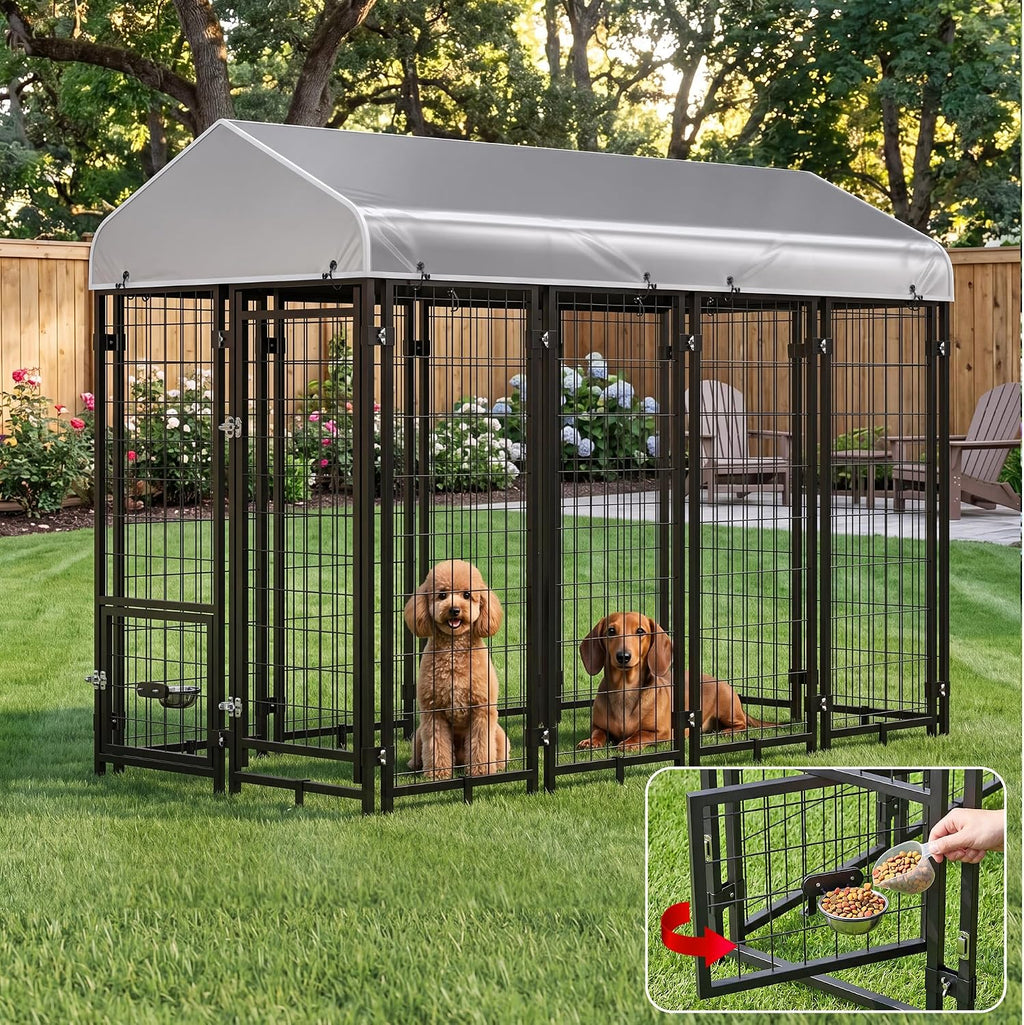 Black heavy duty outdoor dog kennel run with roof cover in a backyard