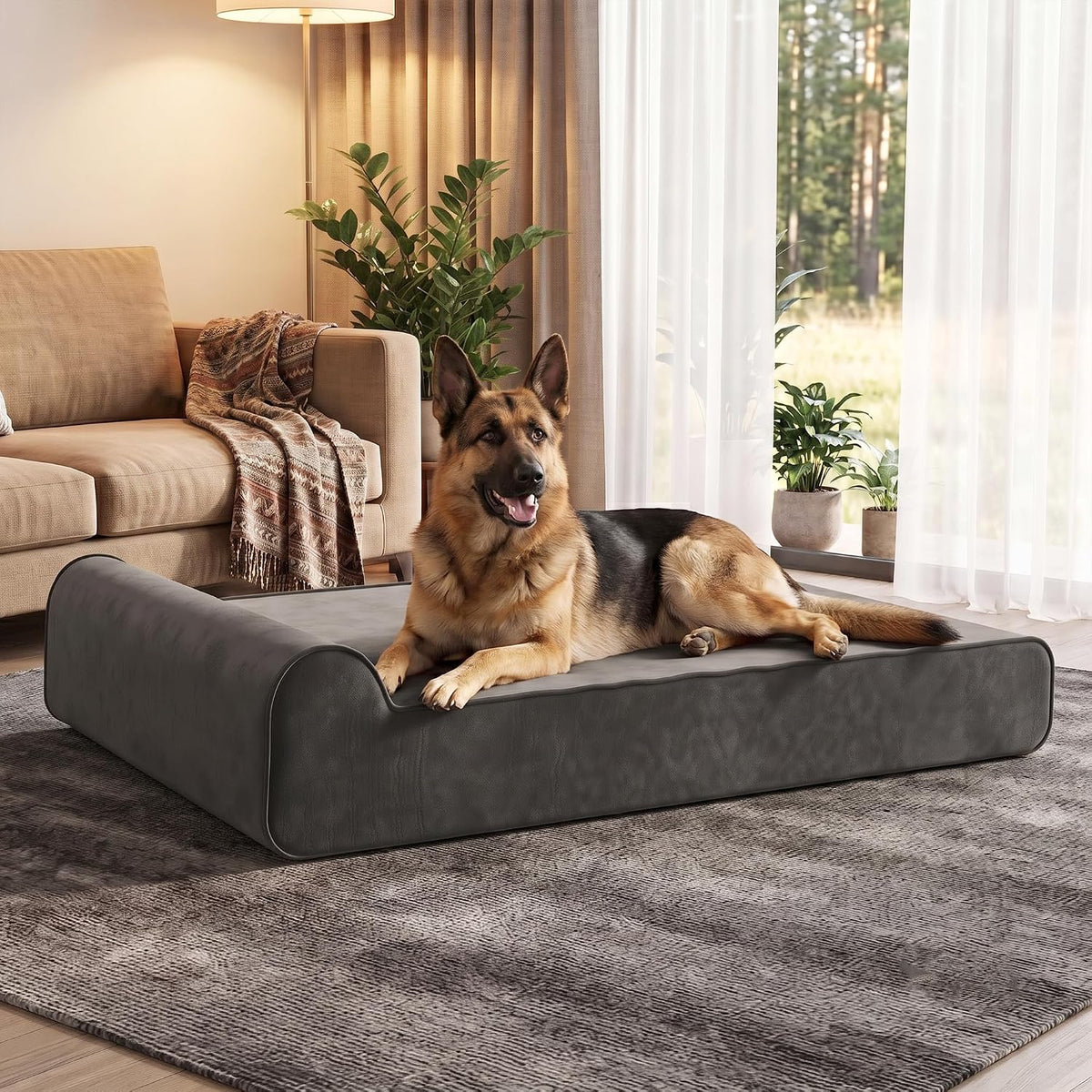 Thick orthopedic memory foam dog bed with raised headrest and faux suede cover