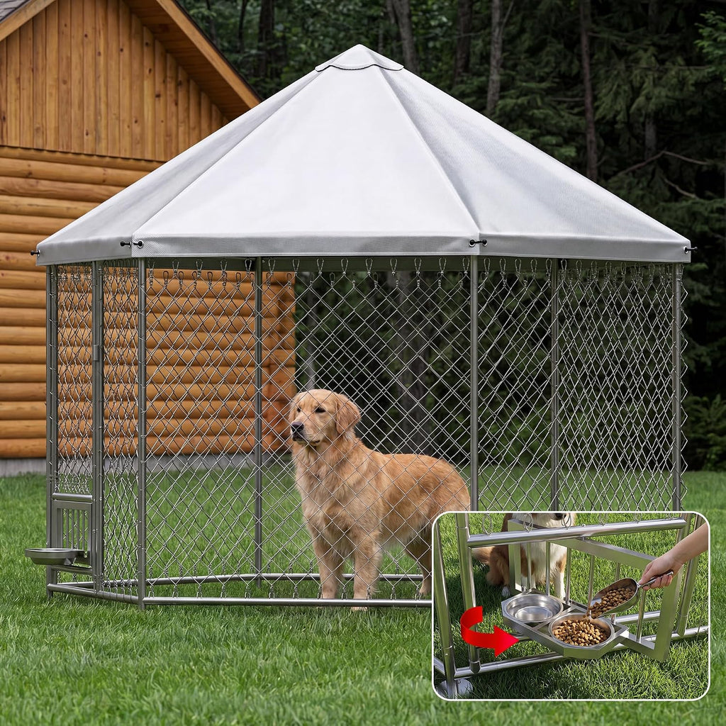 Black heavy duty outdoor dog kennel run with roof cover in a backyard – view 2