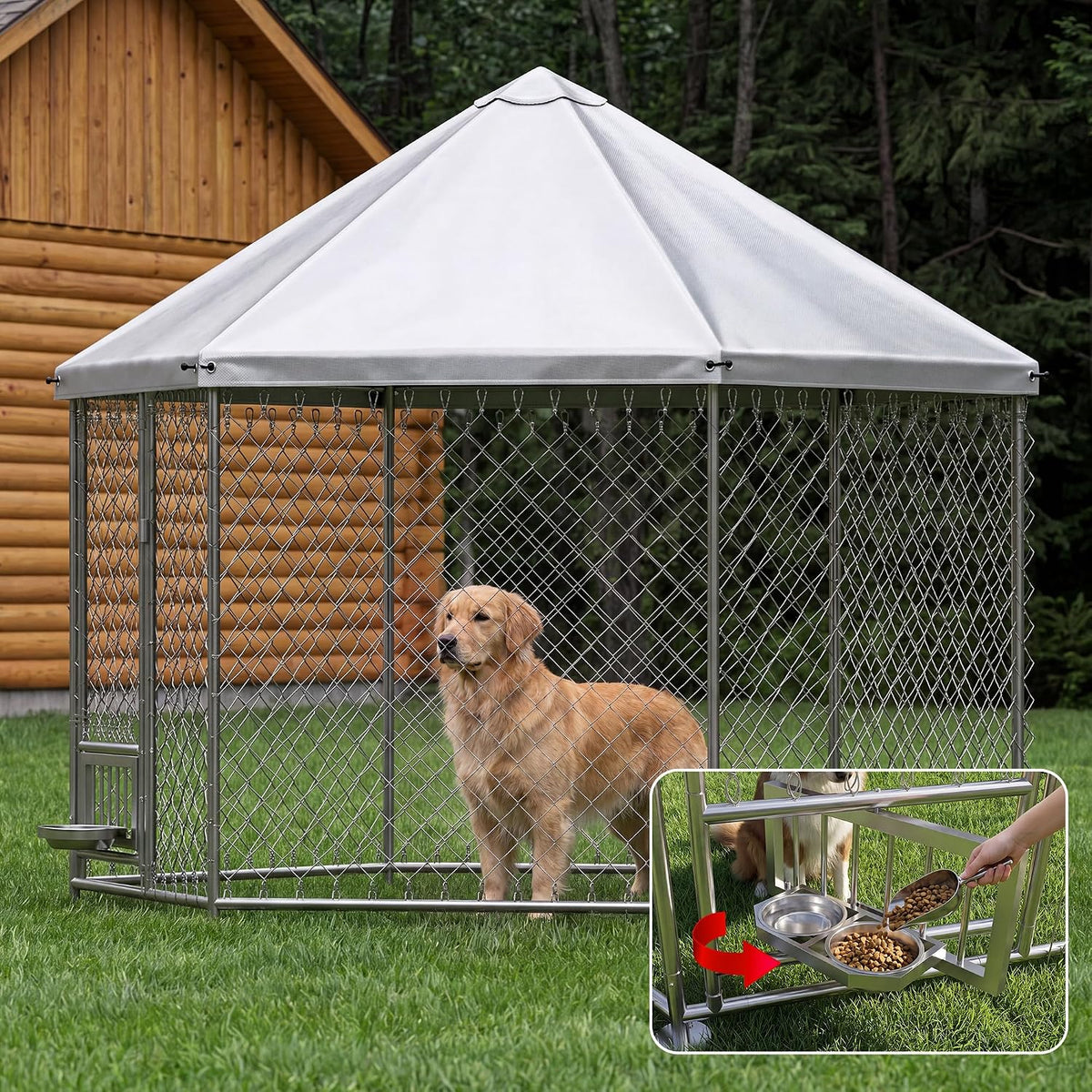 Black heavy duty outdoor dog kennel run with roof cover in a backyard – view 2