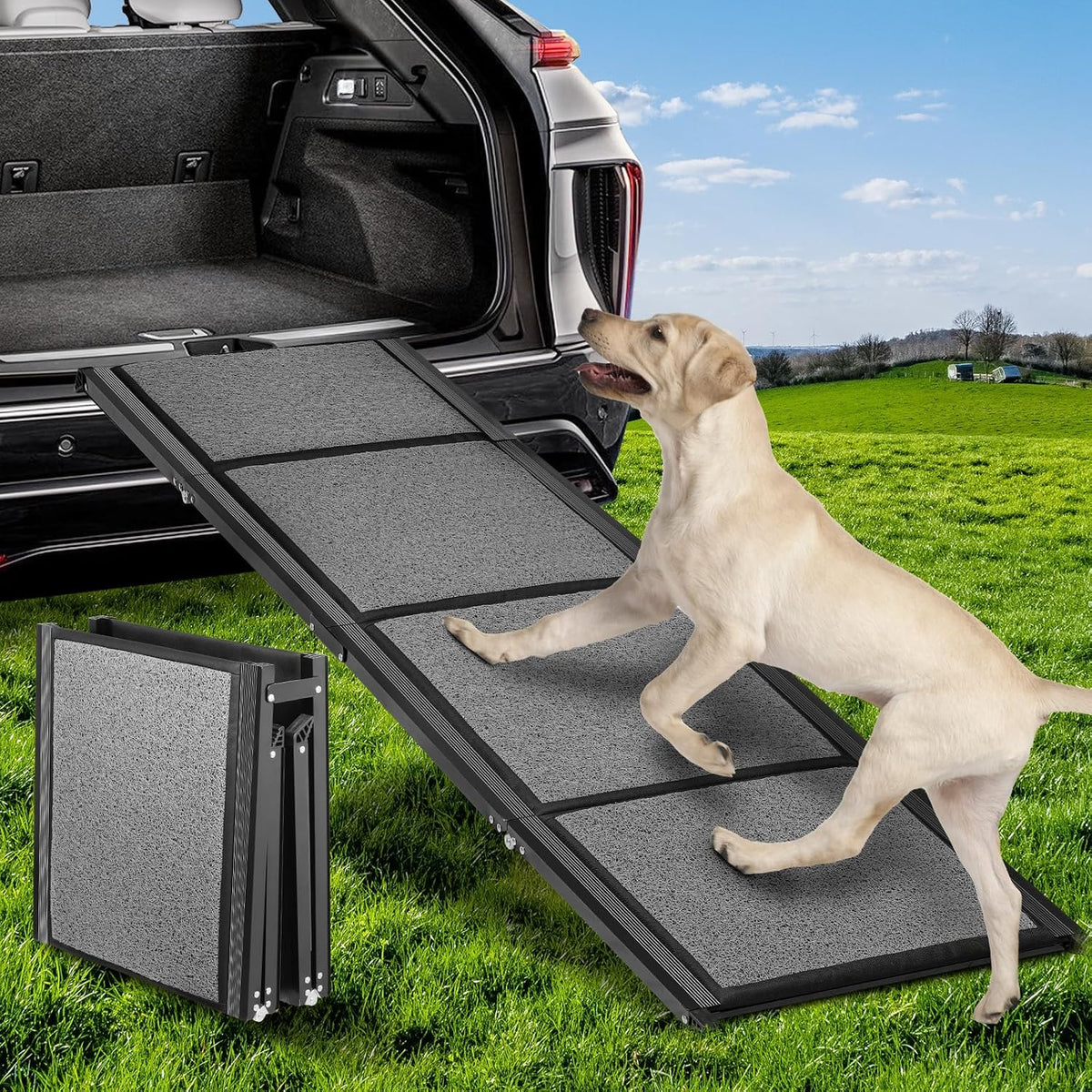 71 inch folding dog ramp with non-slip surface leaning on an SUV