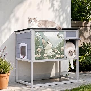 Wooden Outdoor Cat House with High Legs and Side Escape Door
