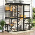 Large Wooden Catio, Walk-in Outdoor Cat Enclosure with Window Access, Breathable Mesh, 2 Condos and Weatherproof Roof