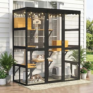 Large Wooden Catio, Walk-in Outdoor Cat Enclosure with Window Access, Breathable Mesh, 2 Condos and Weatherproof Roof
