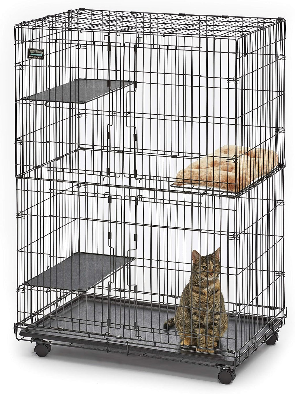 Black folding metal cat playpen with platforms and wheels