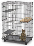 Black folding metal cat playpen with platforms and wheels