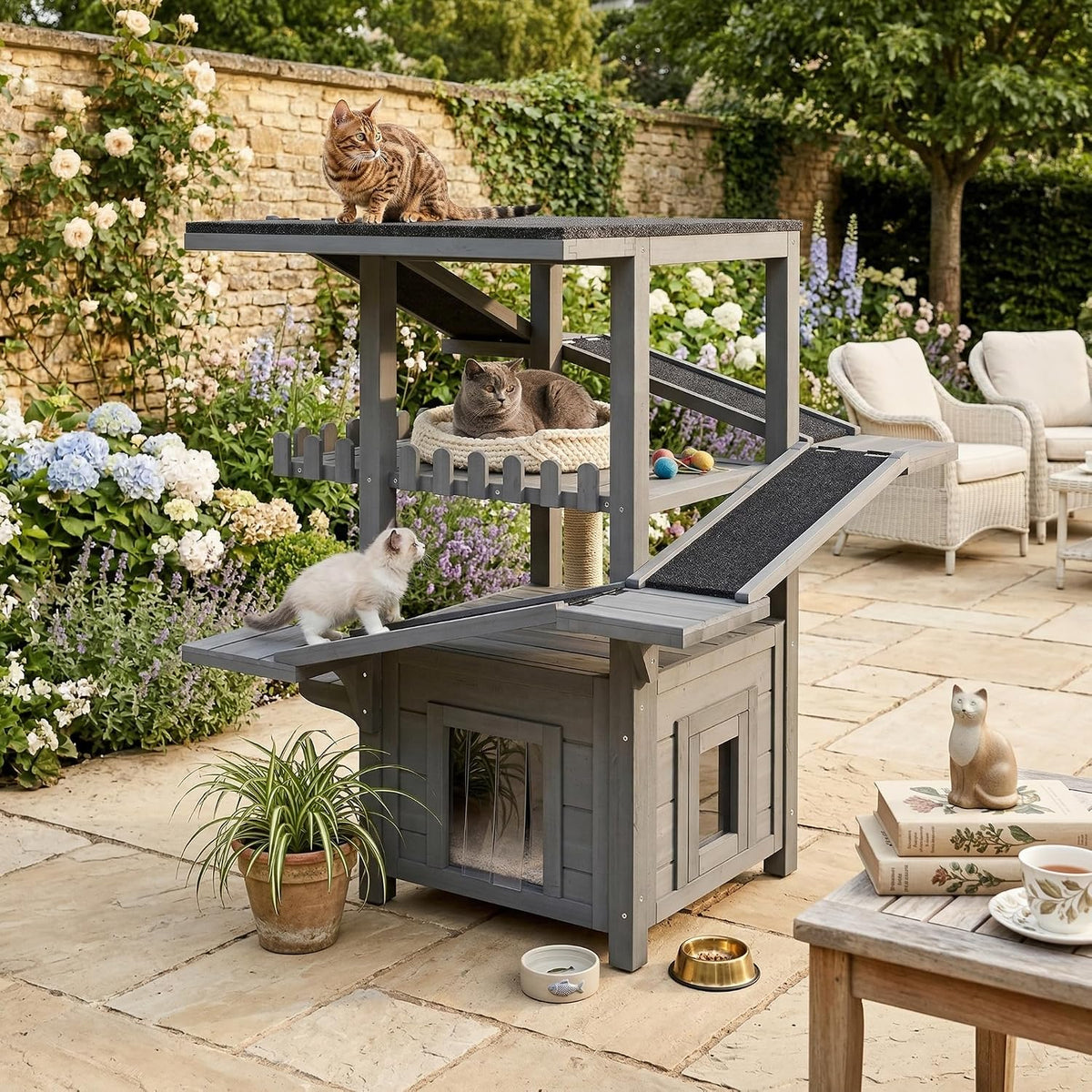 Gray and white four-tier pine wood outdoor cat house with asphalt roof and balcony – view 2