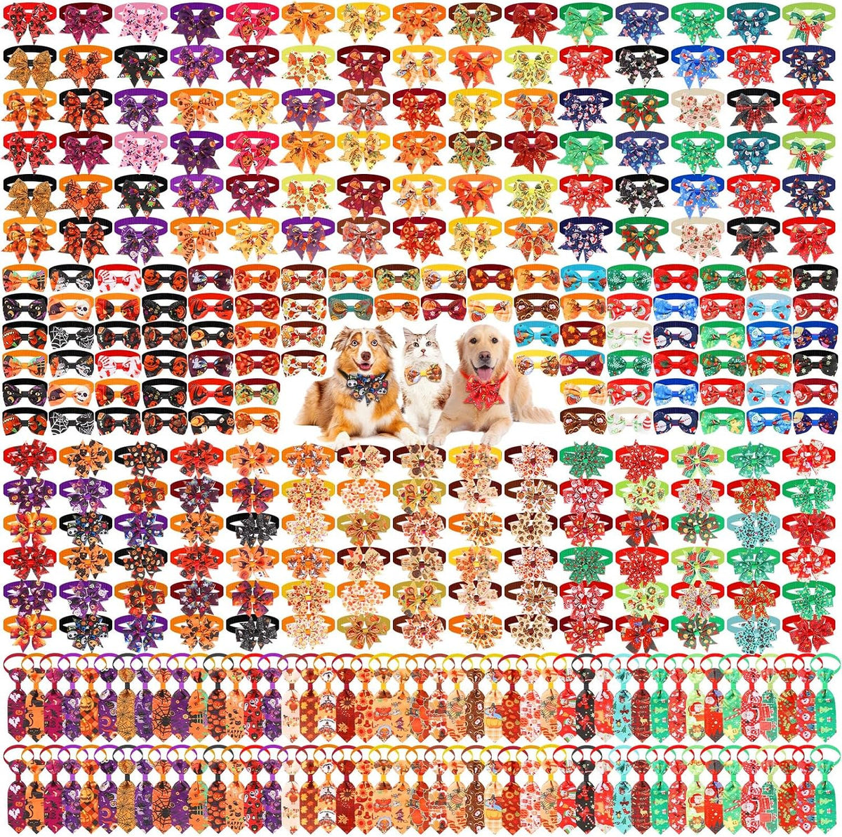 Assorted seasonal dog bow ties and neckties on adjustable collars