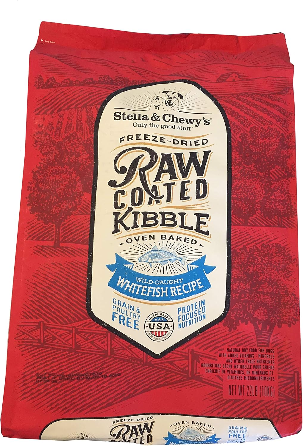 22 lb bag of grain-free raw-coated fish recipe baked dog kibble