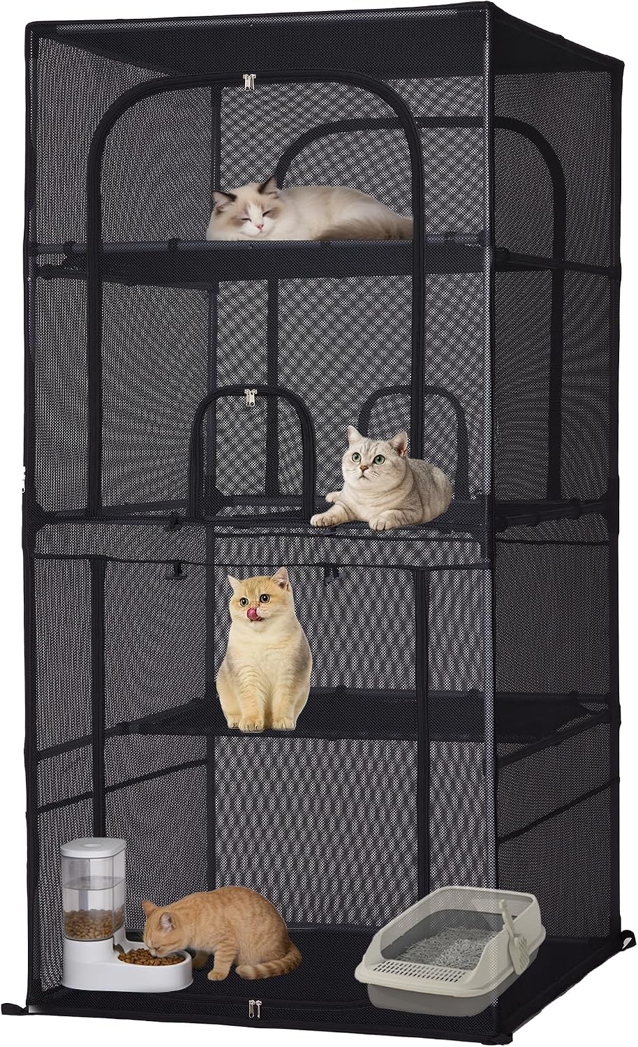 Black four tier window catio outdoor cat enclosure with multiple doors