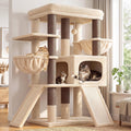 Beige heavy duty cat tree with wide top perch, baskets and condo