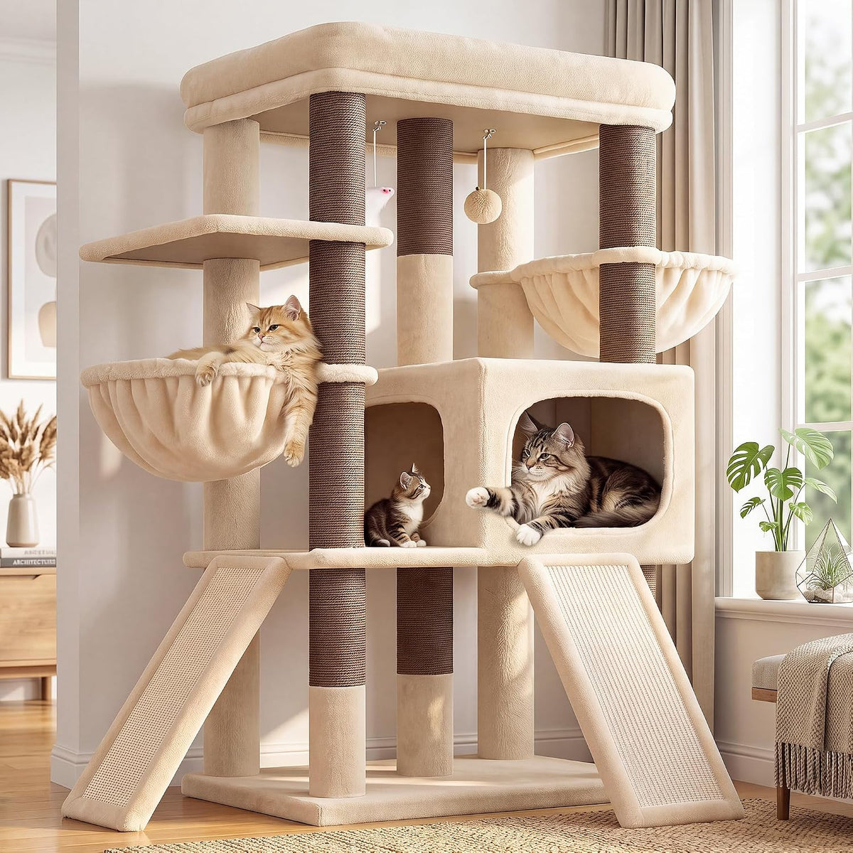 Beige heavy duty cat tree with wide top perch, baskets and condo