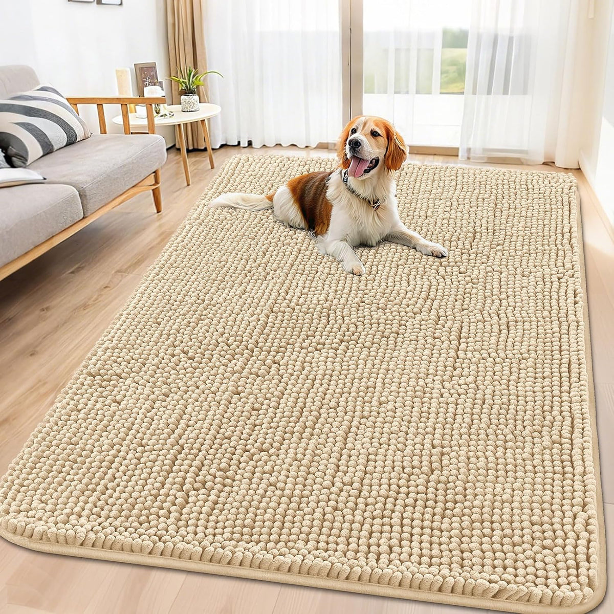 Beige solid chenille dog door mat at a front door