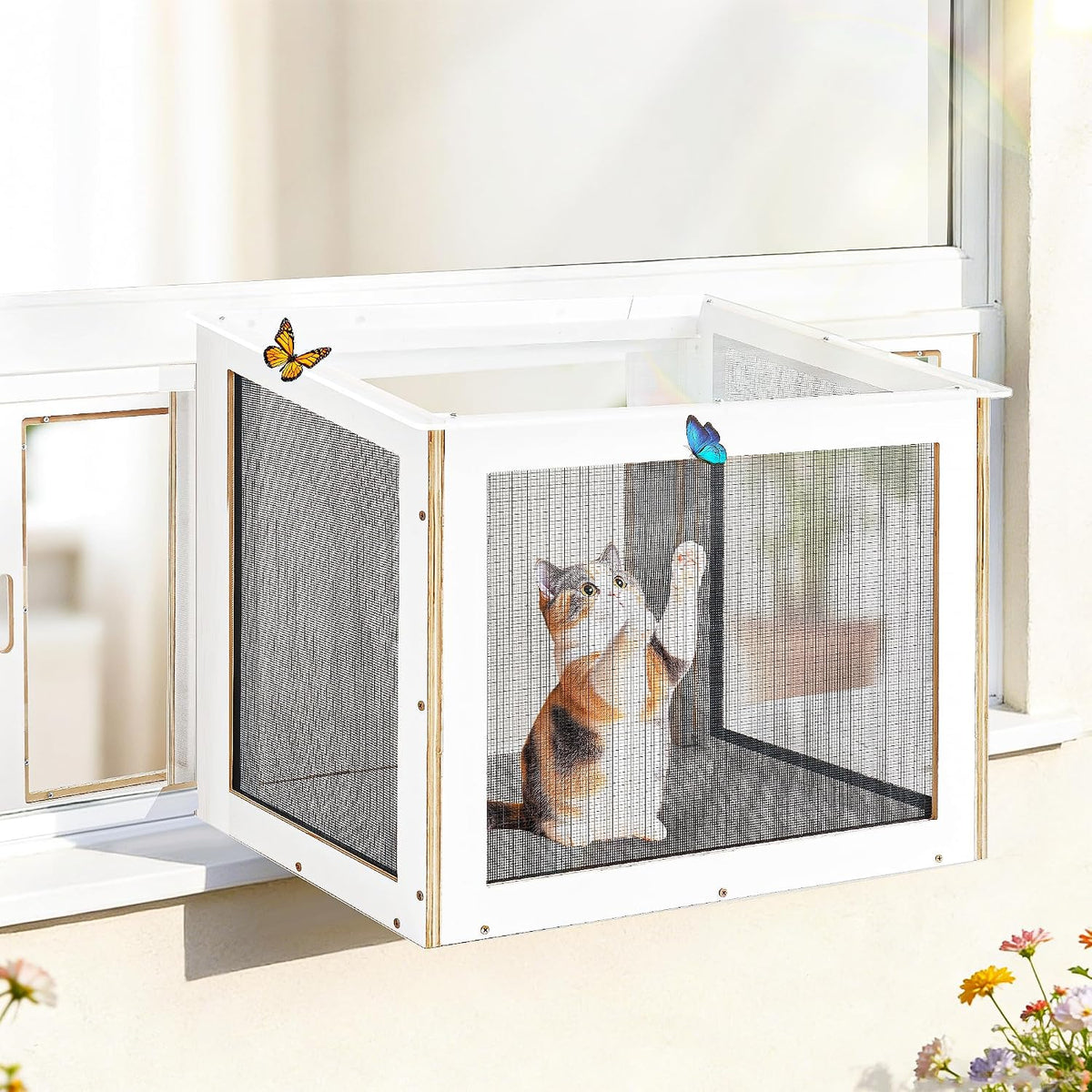 Cat window box catio with clear roof in a vertical window