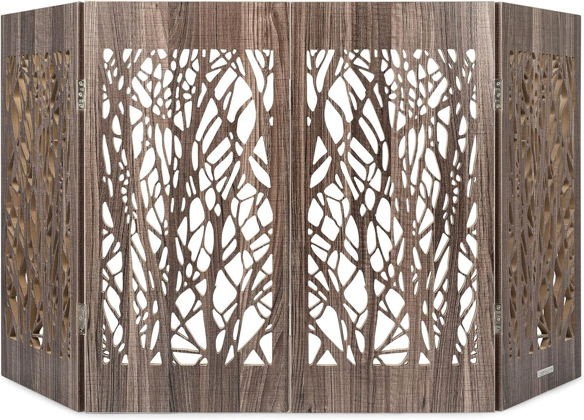 Four-panel freestanding pet gate with barnwood branch design