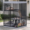 Black 3-tier mesh outdoor catio cat enclosure on a patio