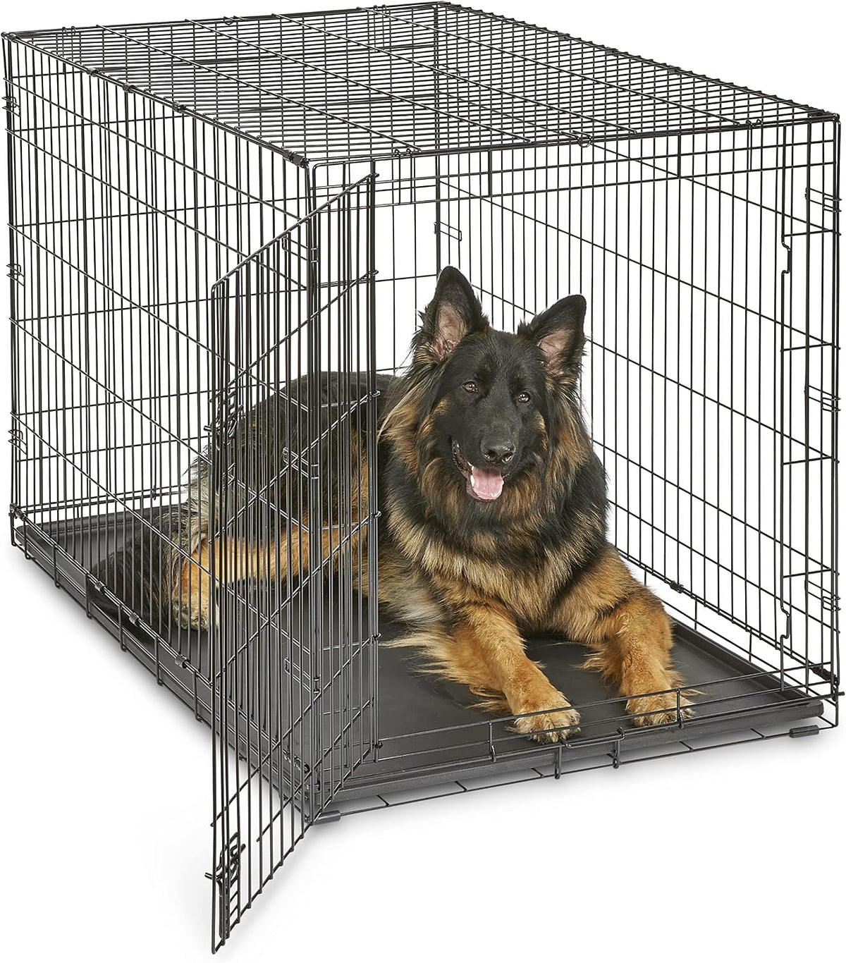 48 inch black single door folding metal dog crate with tray