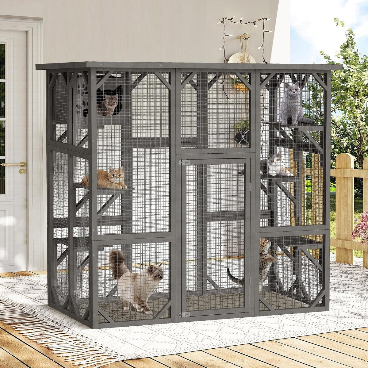 Burlywood wooden outdoor catio with resting box and asphalt roof – view 3