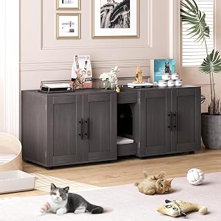 Double Litter Box Enclosure for 2 Cats, 55" Large Hidden Wooden Furniture, TV Stand or Side Table, Walnut