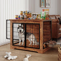 Wooden dog crate end table with swivel-out stainless steel bowls and top shelves