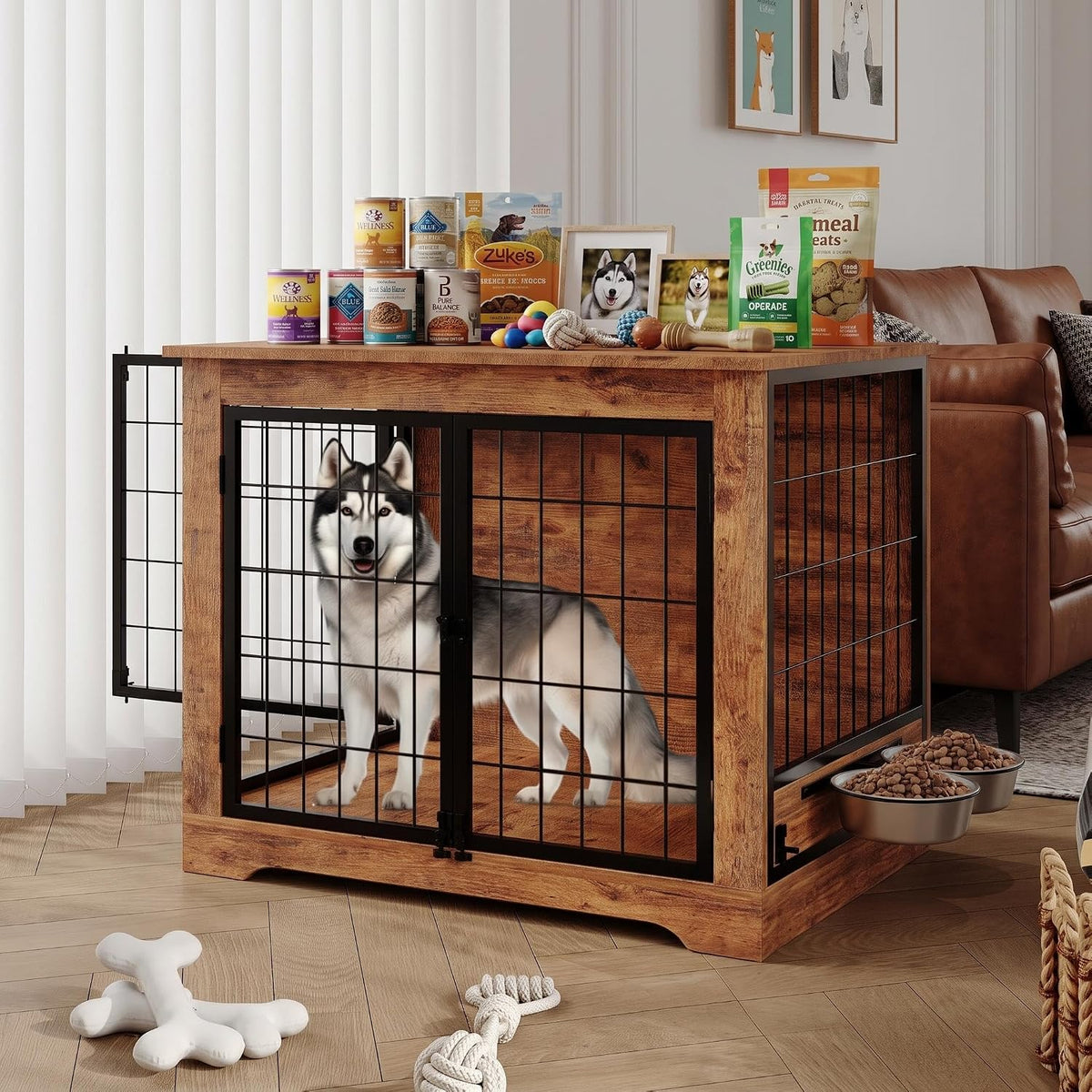 Wooden dog crate end table with swivel-out stainless steel bowls and top shelves