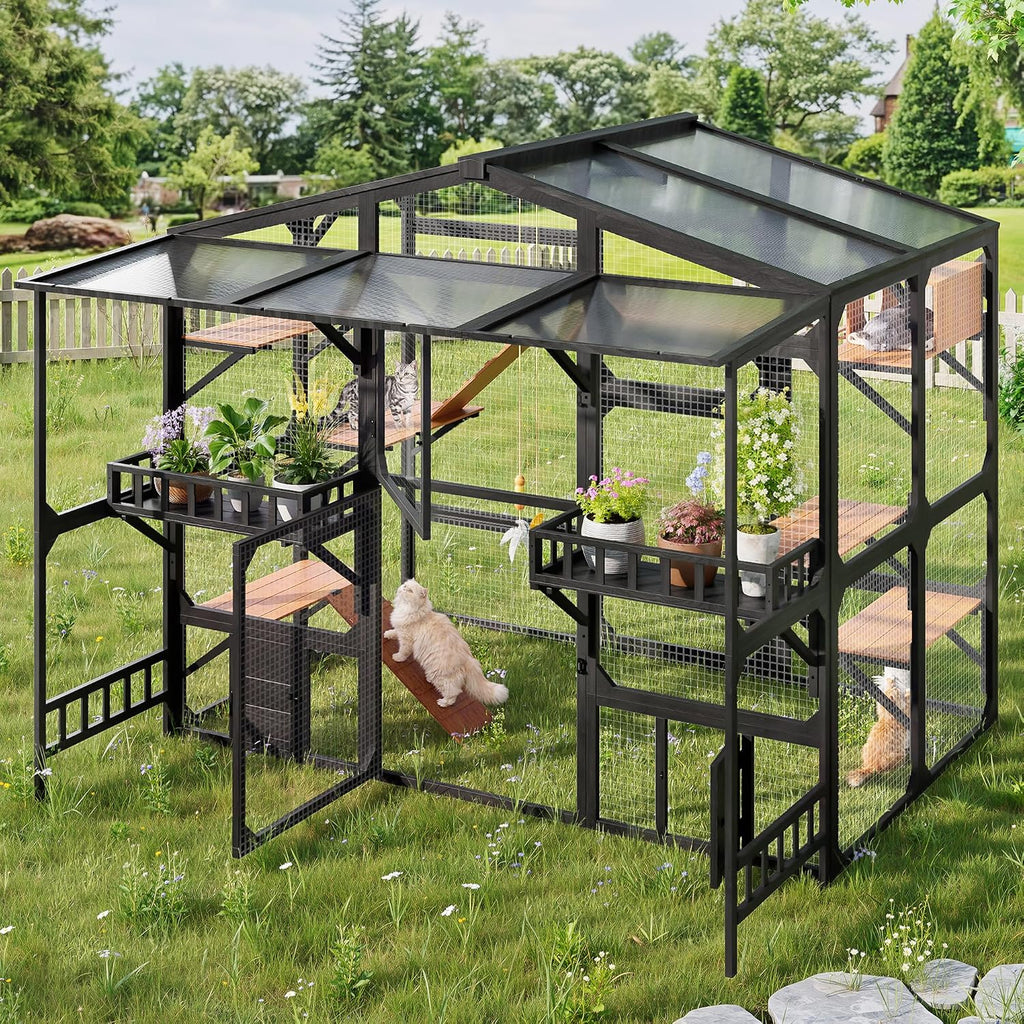 Large metal wire outdoor cat enclosure with platforms, napping houses and roof – view 2