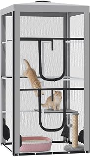 PawHut 79 Inch Cat Enclosure Mesh Playpen with Steel Frame, 3 Platforms, 2 Doors and 4 Sandbags, Indoor/Outdoor