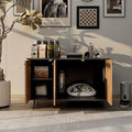 Large Wooden Cat Litter Box Enclosure Bench with Hidden Plug and 3 Doors, Black and Walnut