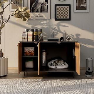 Large Wooden Cat Litter Box Enclosure Bench with Hidden Plug and 3 Doors, Black and Walnut