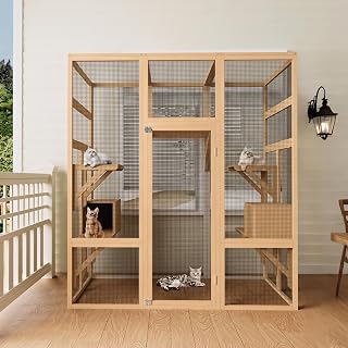 70-Inch Walk-In Wooden Catio with Window Access, Natural