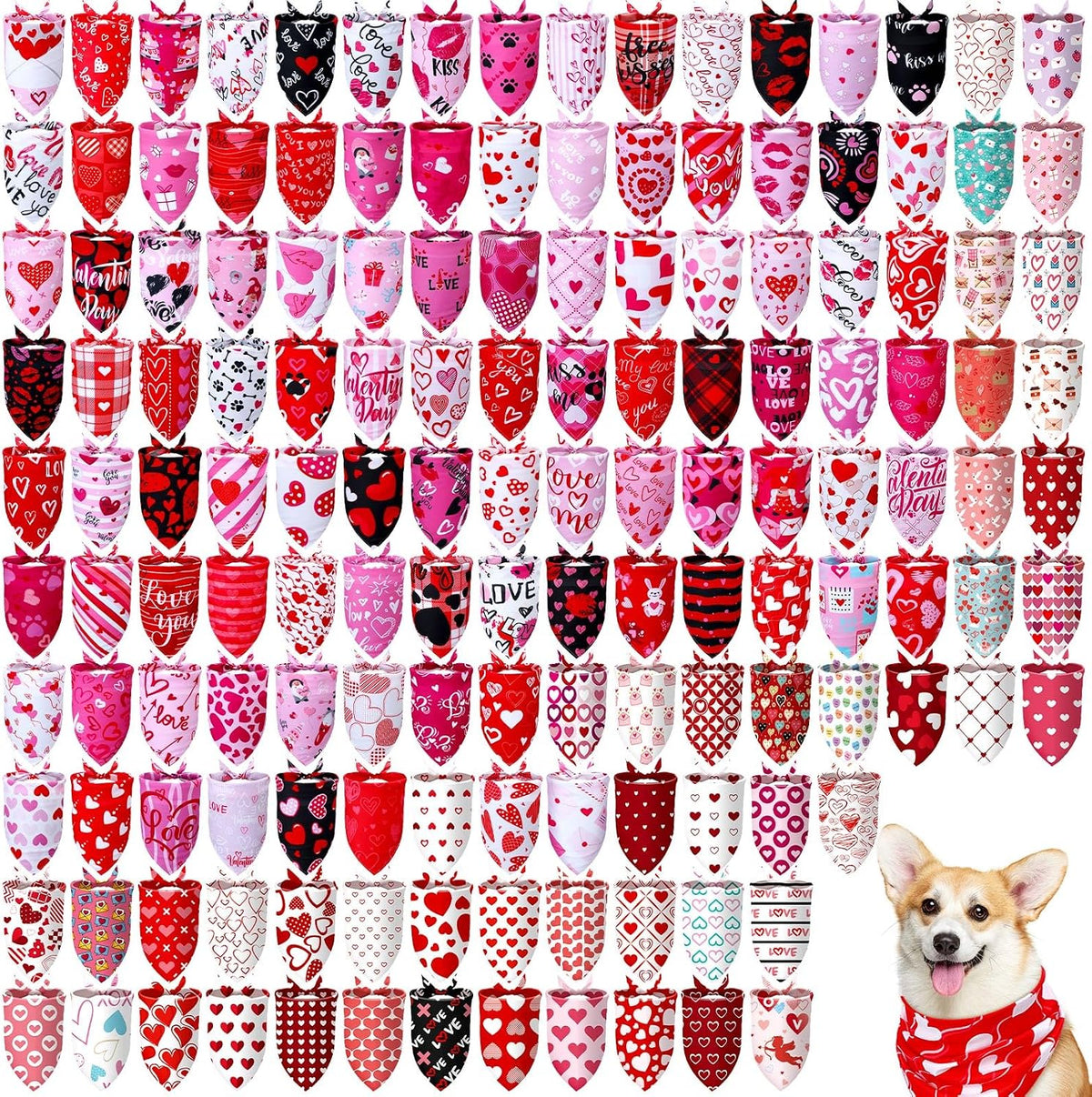 Assorted red and pink Valentines Day dog bandanas with heart prints