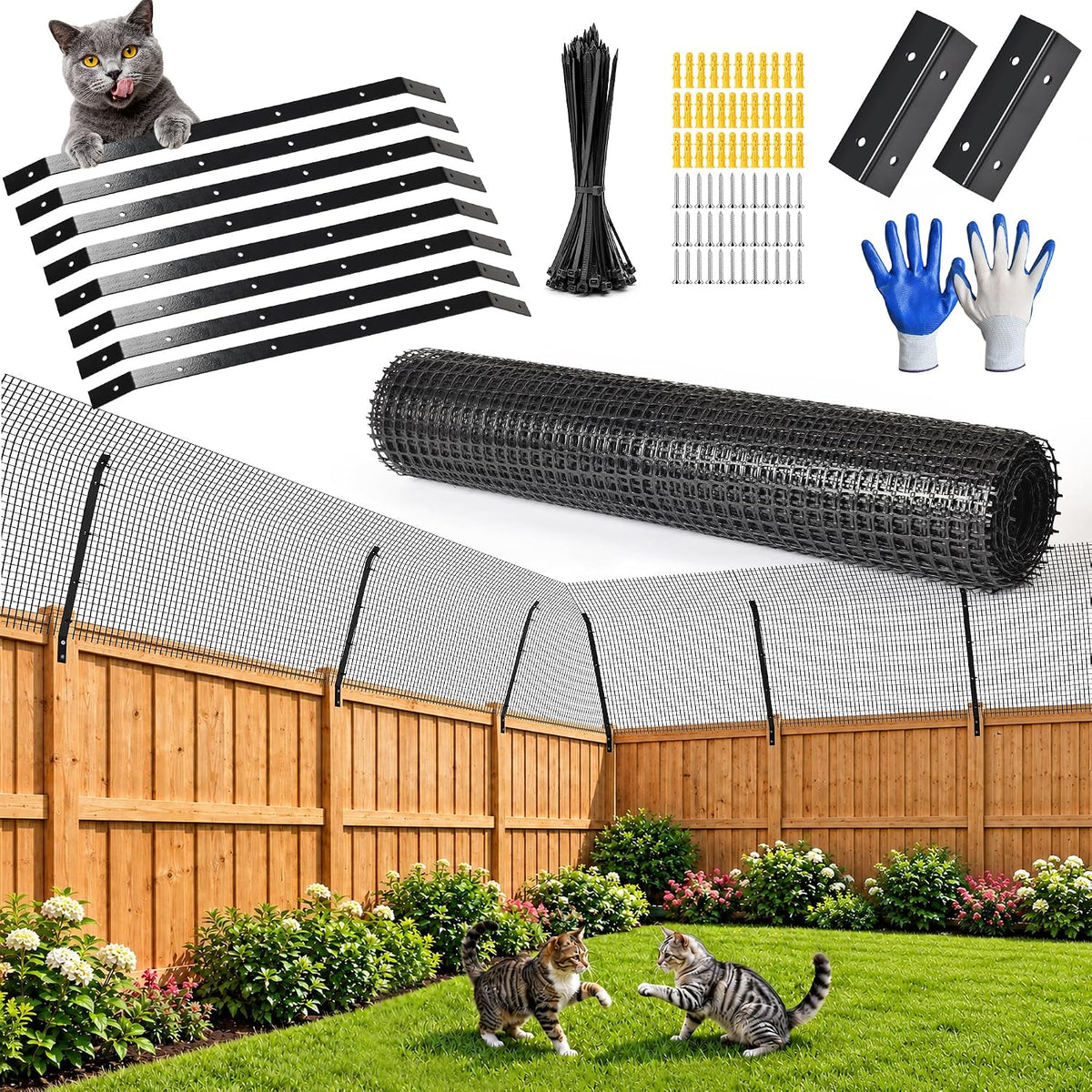 Anti-climb cat fence topper mounted on a backyard fence
