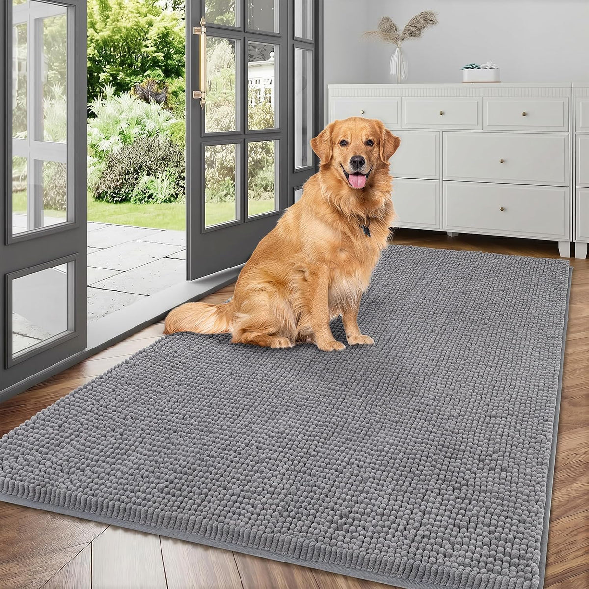 Grey chenille dog mud mat in an indoor entryway