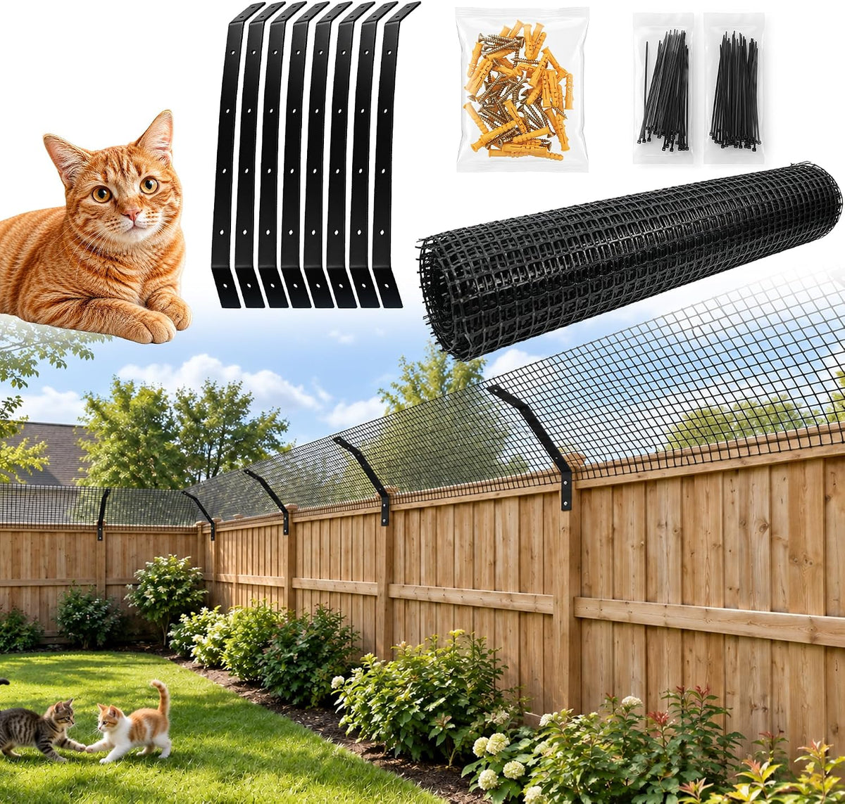 Cat fence topper barrier mounted along a backyard fence