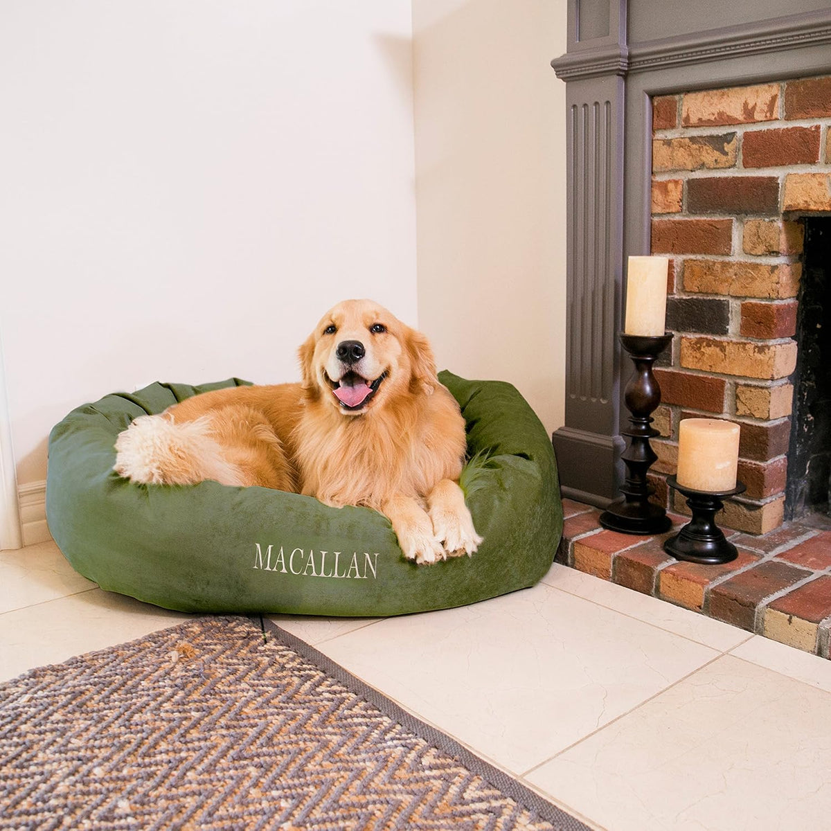Small orange bagel dog bed with bolster rim and embroidered name – view 7