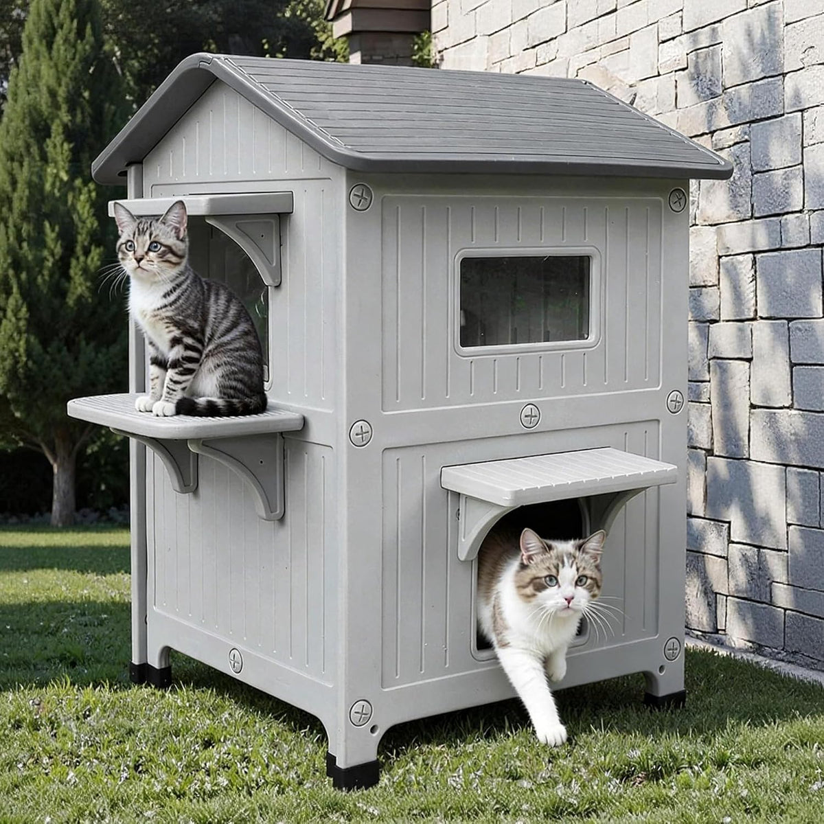 Grey two-story insulated plastic outdoor cat house – view 3