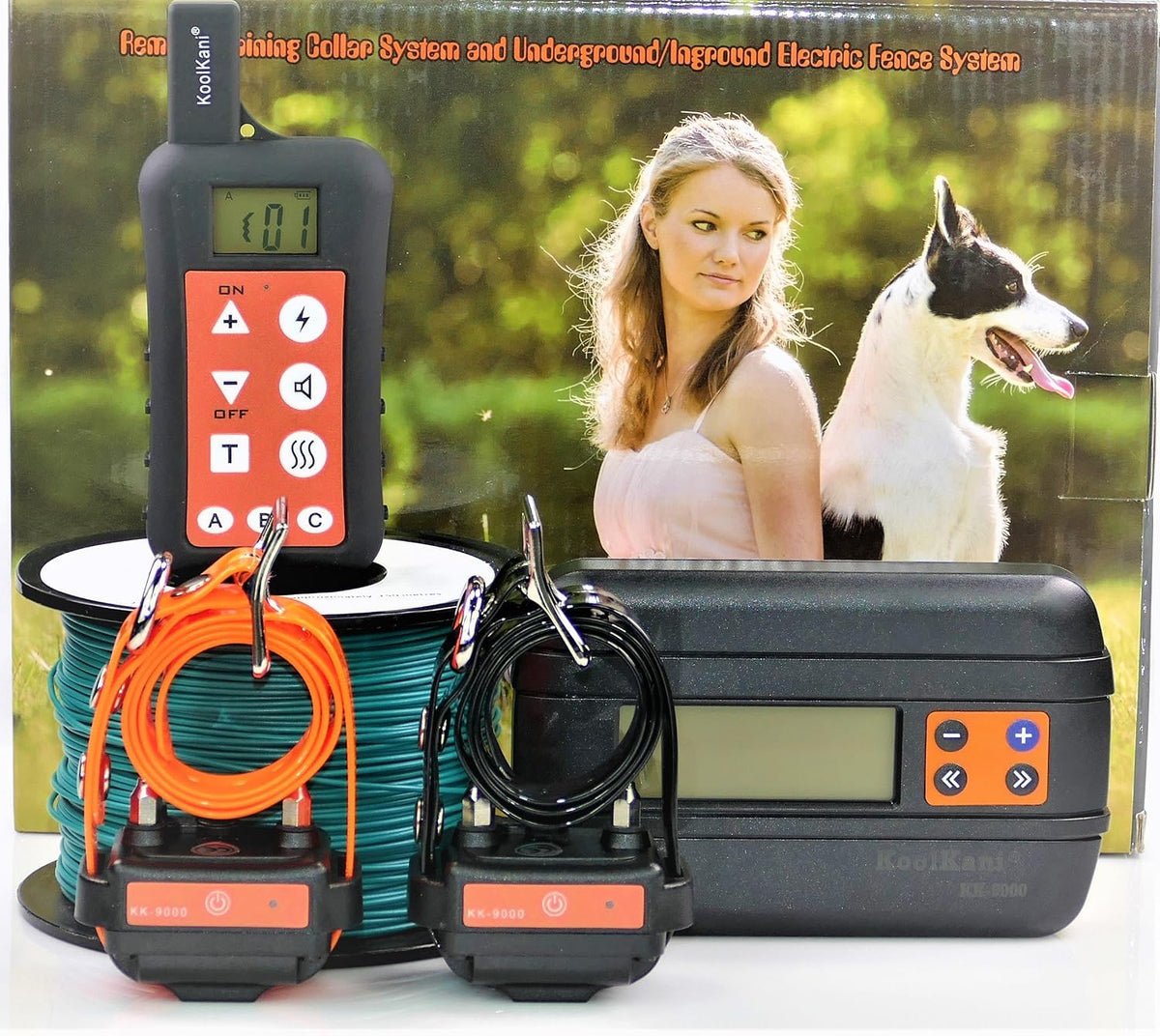 Dog training transmitter, two receiver collars and in-ground fence kit