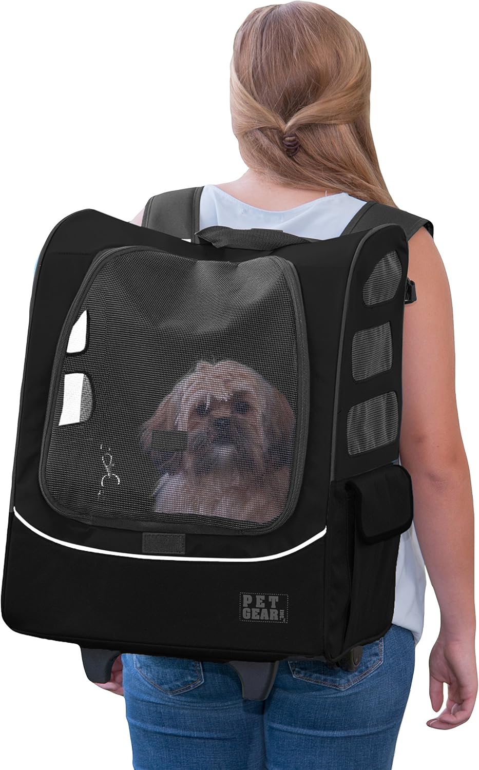 Black backpack style rolling pet carrier with telescoping handle and mesh windows