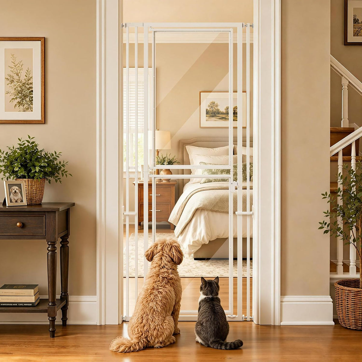 Black 79 inch extra tall clear acrylic cat gate with metal frame in a doorway