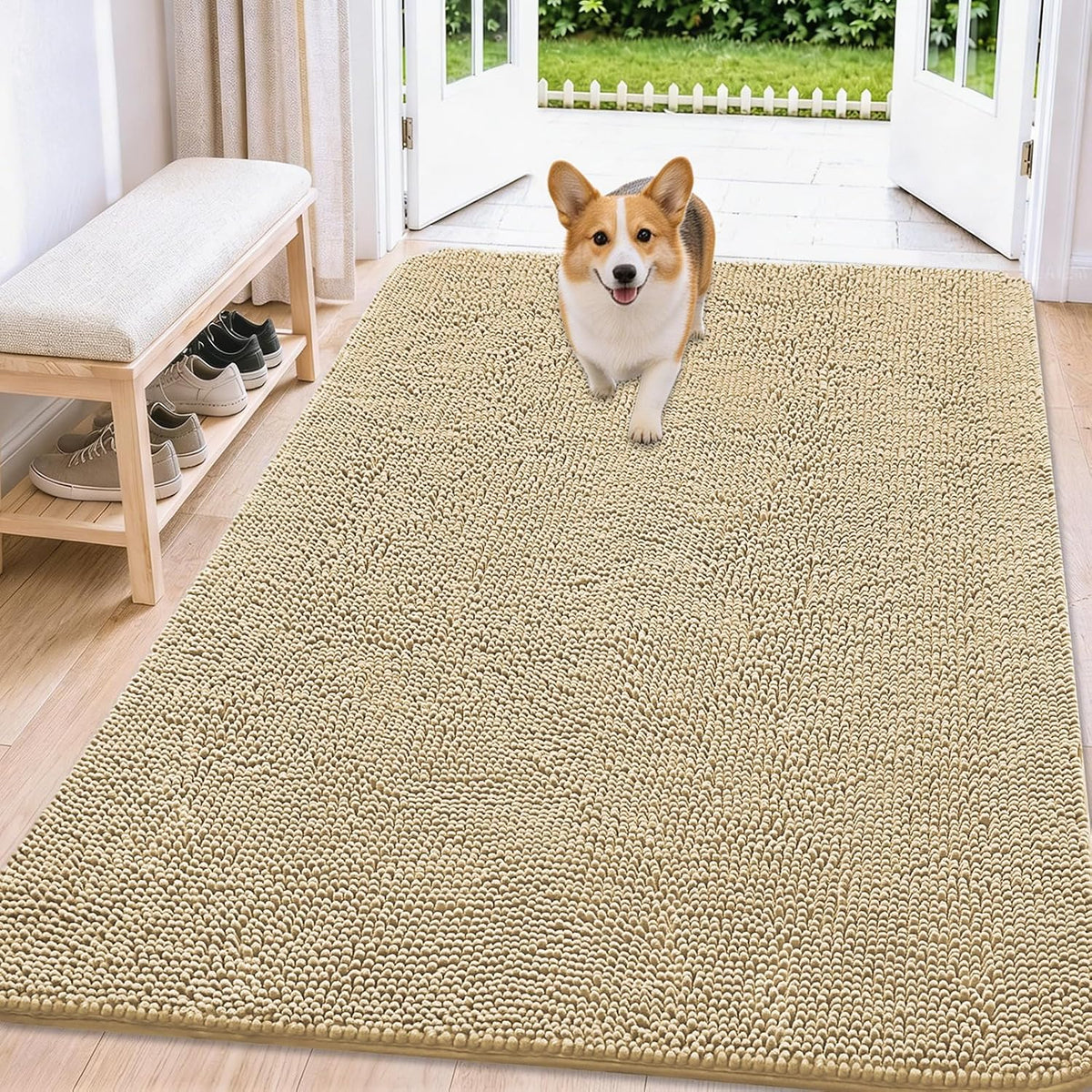 Beige chenille doormat for dogs on an entryway floor