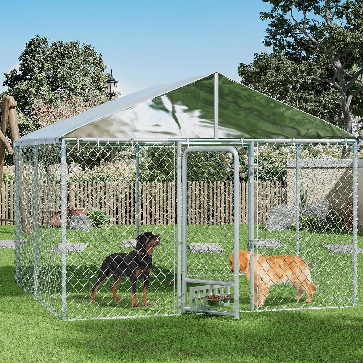 10 by 10 foot galvanized outdoor dog kennel with roof cover and rotating feeder