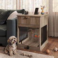 Walnut small dog crate end table with fluted drawer and glass door – view 2