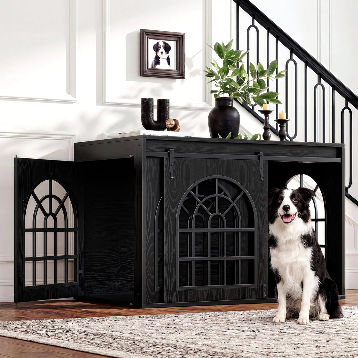 Brown 45.1 inch vintage dog crate furniture with sliding barn door – view 2