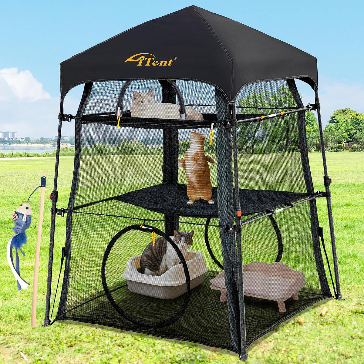 Blue trim foldable cat enclosure tent with three-tier cage inside – view 4