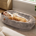 Large brown faux fur human-size dog bed with bolster and side pocket
