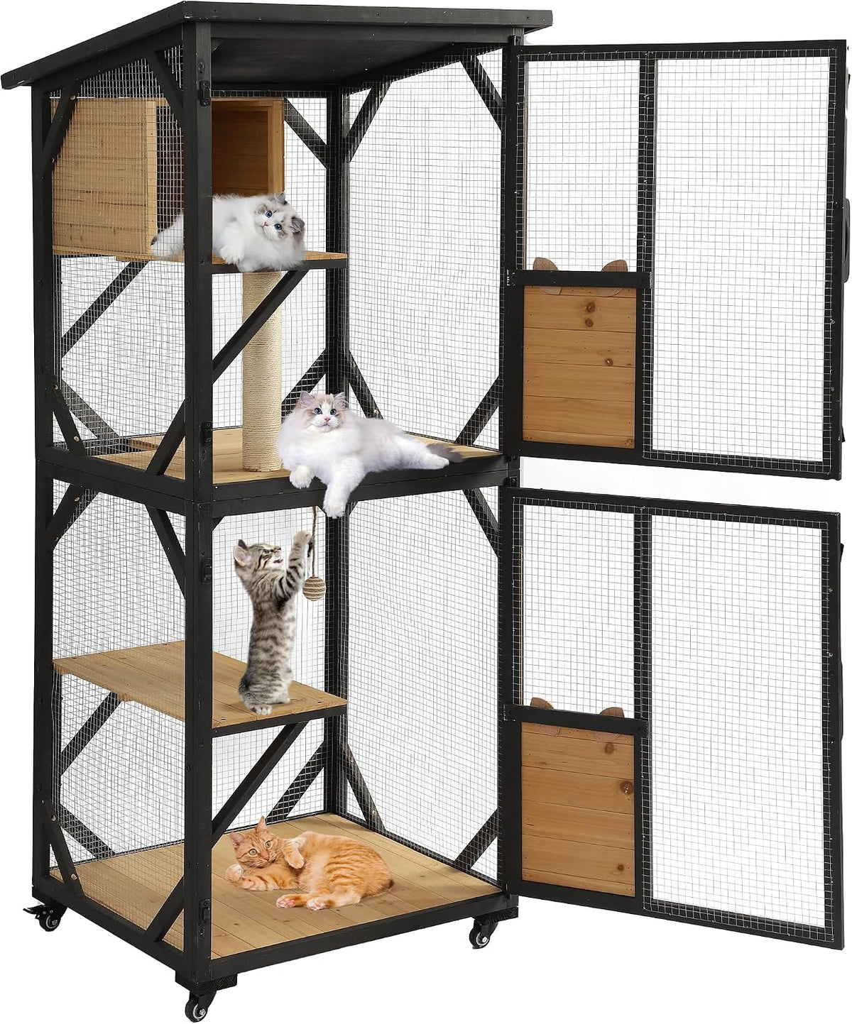 Tall four-tier wooden catio with asphalt roof, wire mesh and wheels