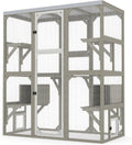 Large wooden walk-in catio with platforms and resting rooms on a patio