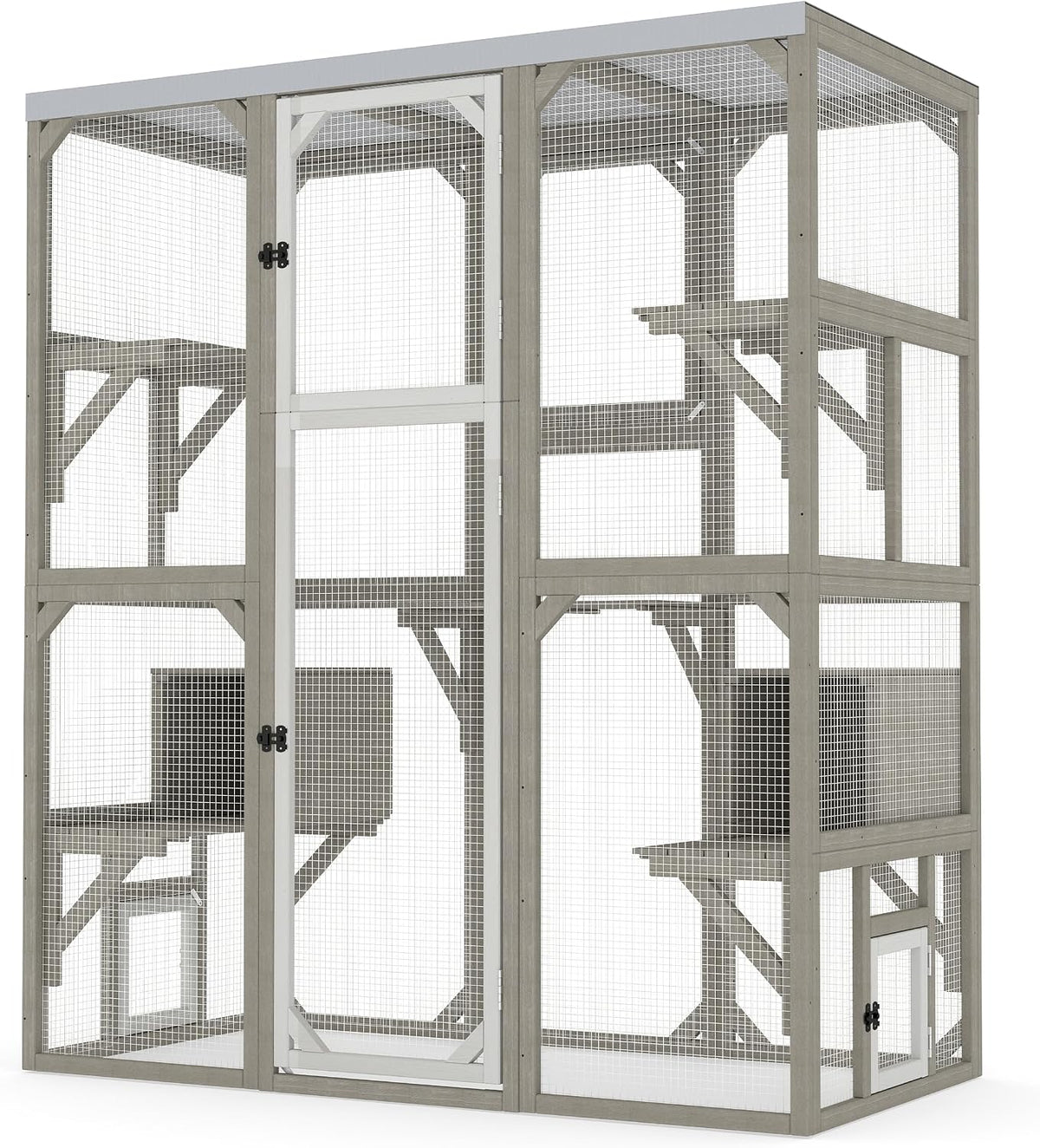 Large wooden walk-in catio with platforms and resting rooms on a patio